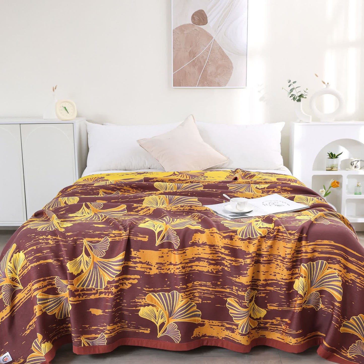 Couette en gaze de coton respirante avec feuilles de ginkgo de style vintage