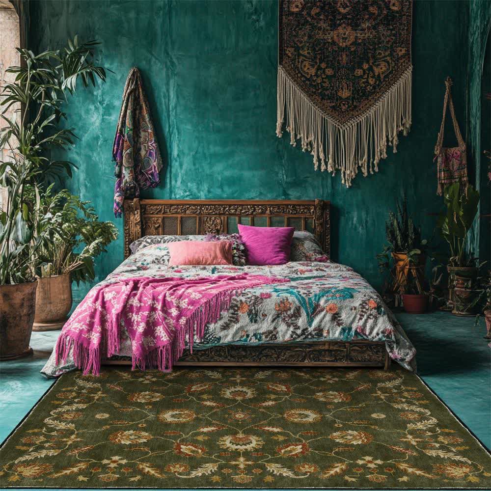 Tapis antidérapant d'intérieur/extérieur à motif floral cachemire