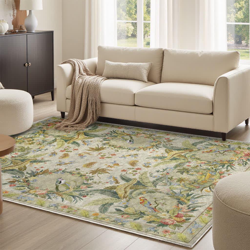 Tapis antidérapant avec motif de fleurs et d'oiseaux