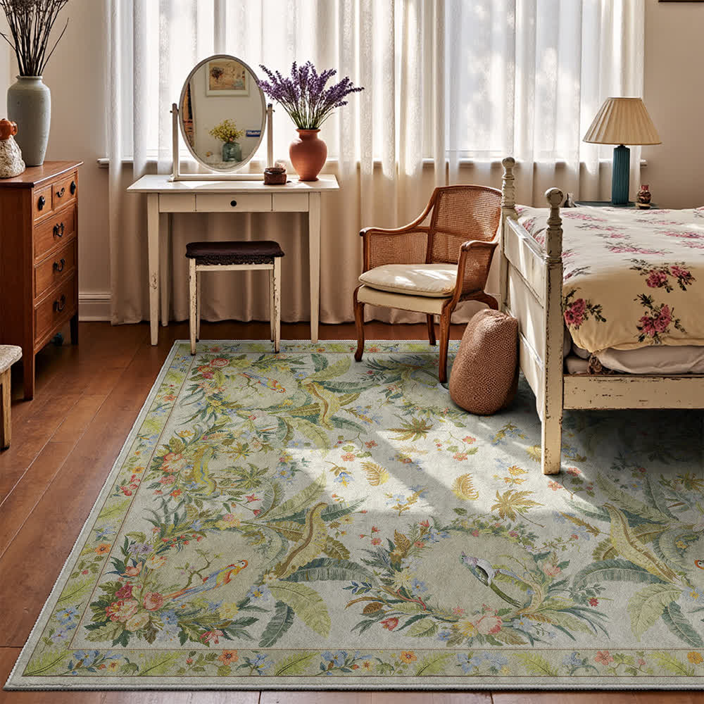 Tapis antidérapant avec motif de fleurs et d'oiseaux