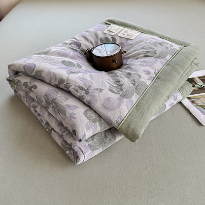 Élégante couverture d'été en pur coton avec motif floral et gaze à deux couches