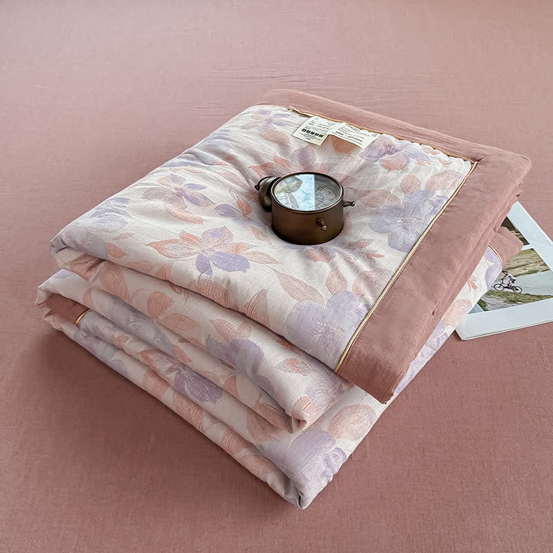 Élégante couverture d'été en pur coton avec motif floral et gaze à deux couches