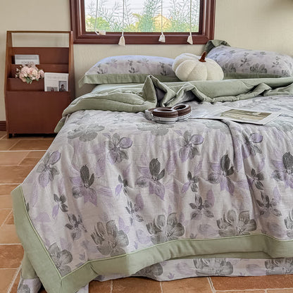 Élégante couverture d'été en pur coton avec motif floral et gaze à deux couches