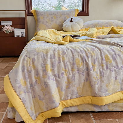 Élégante couverture d'été en pur coton avec motif floral et gaze à deux couches