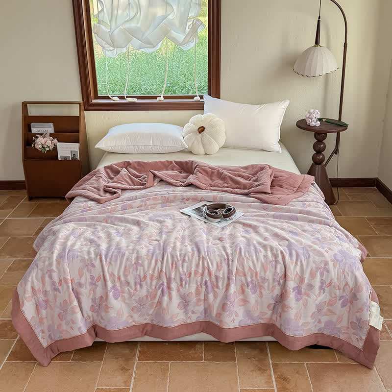 Élégante couverture d'été en pur coton avec motif floral et gaze à deux couches