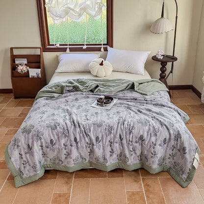 Élégante couverture d'été en pur coton avec motif floral et gaze à deux couches