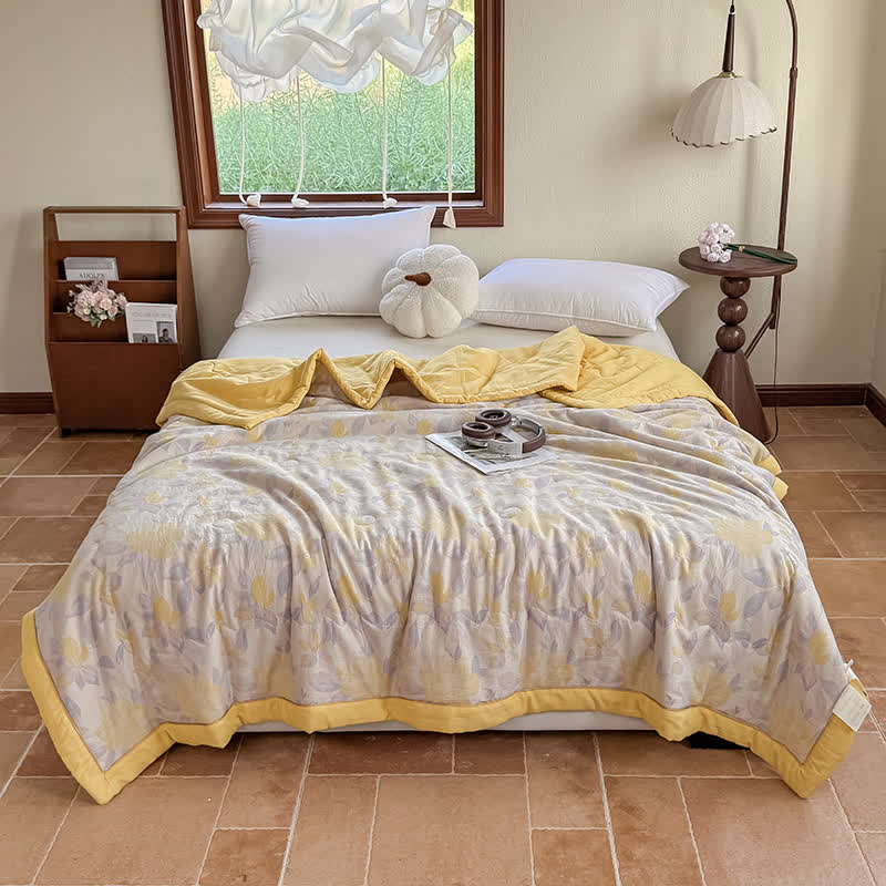 Élégante couverture d'été en pur coton avec motif floral et gaze à deux couches