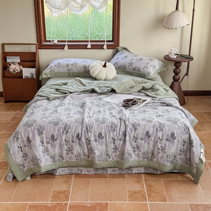Élégante couverture d'été en pur coton avec motif floral et gaze à deux couches