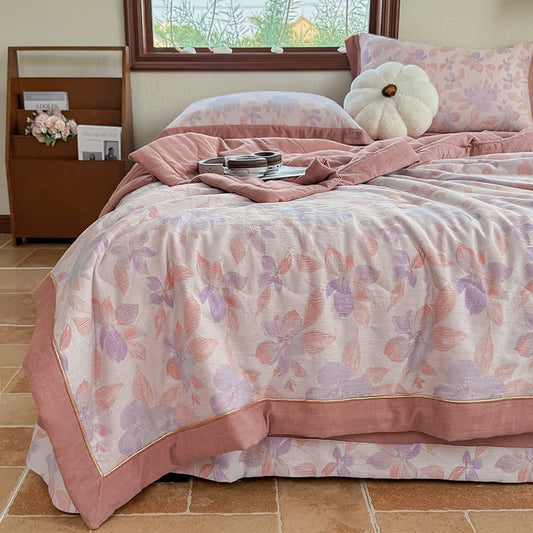 Élégante couverture d'été en pur coton avec motif floral et gaze à deux couches