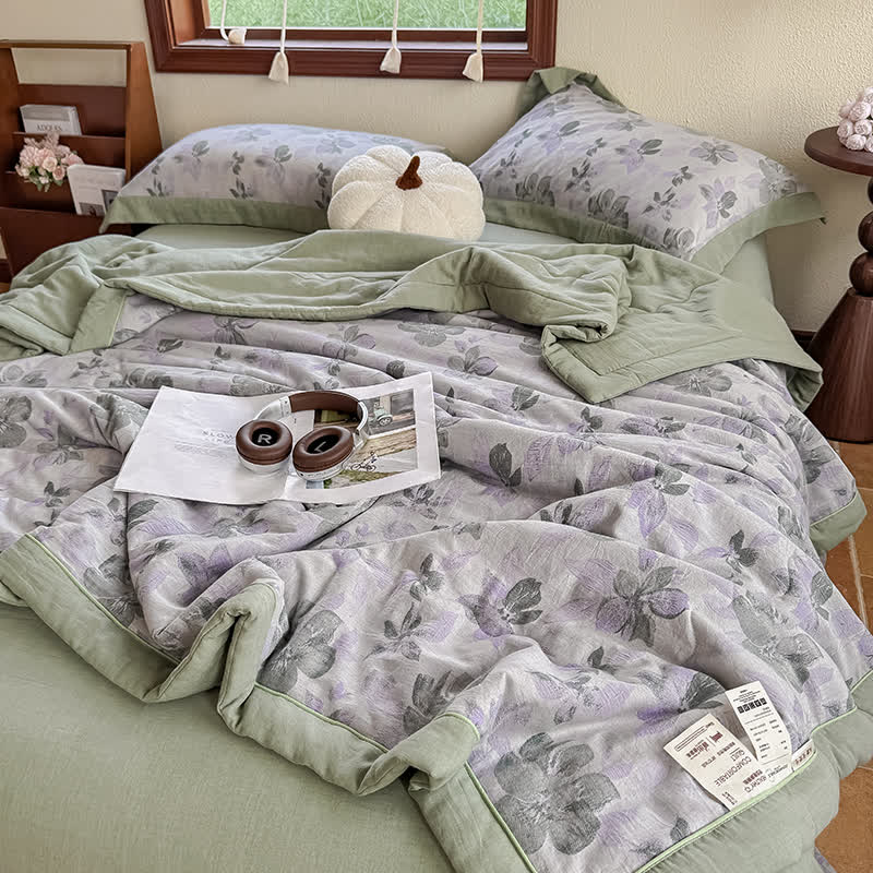 Élégante couverture d'été en pur coton avec motif floral et gaze à deux couches