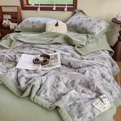 Élégante couverture d'été en pur coton avec motif floral et gaze à deux couches