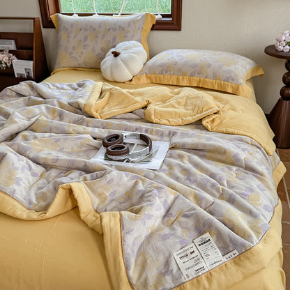 Élégante couverture d'été en pur coton avec motif floral et gaze à deux couches