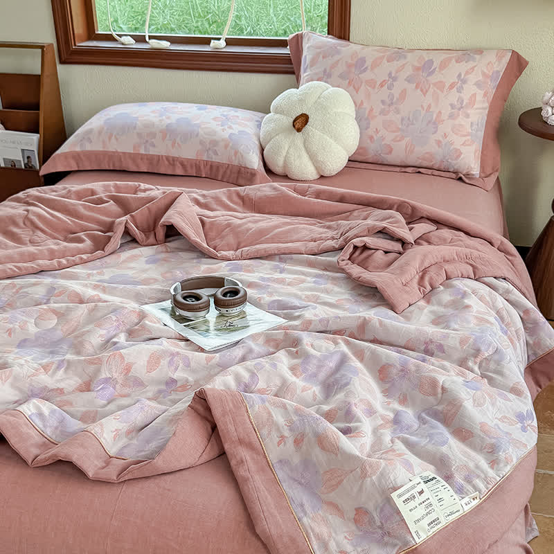 Élégante couverture d'été en pur coton avec motif floral et gaze à deux couches