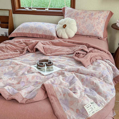 Élégante couverture d'été en pur coton avec motif floral et gaze à deux couches