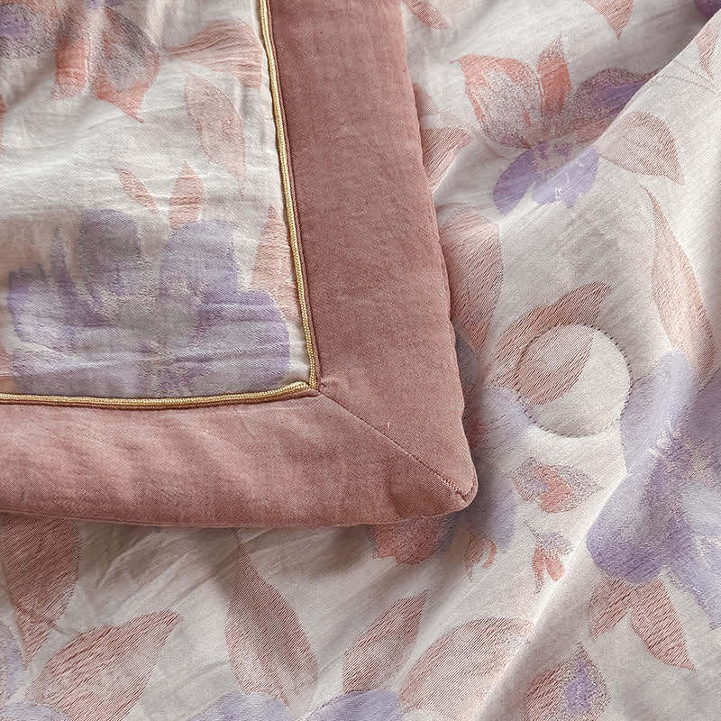 Élégante couverture d'été en pur coton avec motif floral et gaze à deux couches
