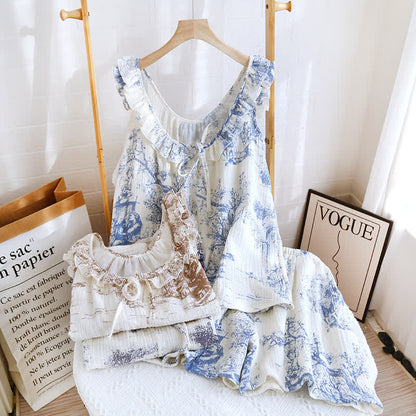 Pyjama à volants avec imprimé paysage vintage en gaze de coton