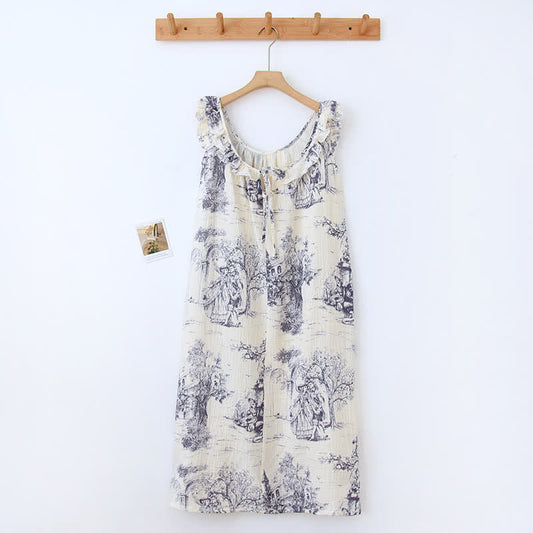 Pyjama à volants avec imprimé paysage vintage en gaze de coton - Violet - chemise de nuit - XL - image 0