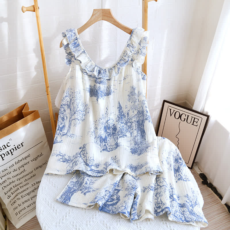 Pyjama à volants avec imprimé paysage vintage en gaze de coton