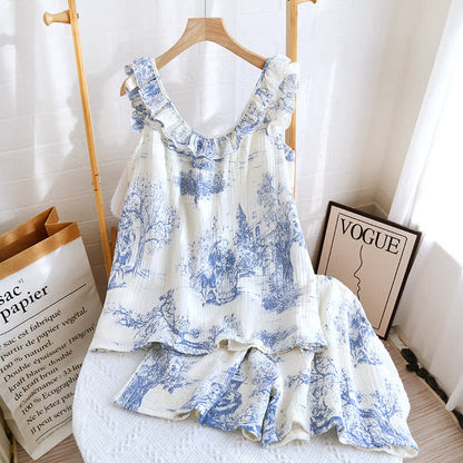 Pyjama à volants avec imprimé paysage vintage en gaze de coton
