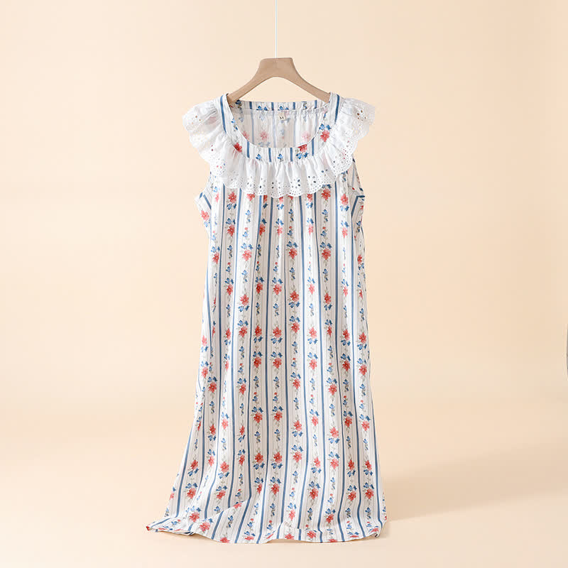 Chemise de nuit sans manches en gaze de coton à motif floral et rayé