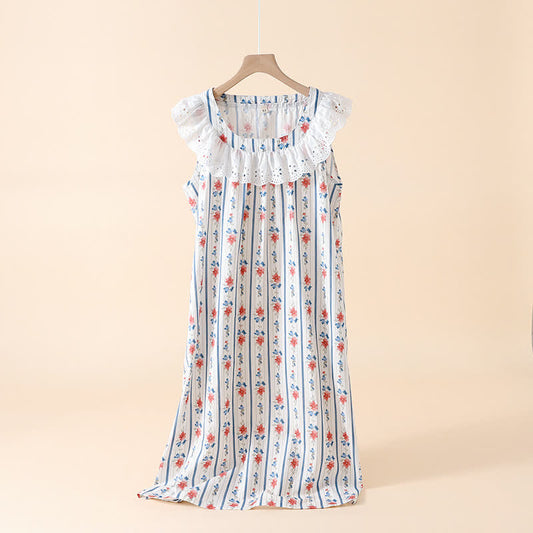 Chemise de nuit sans manches en gaze de coton à motif floral et rayé