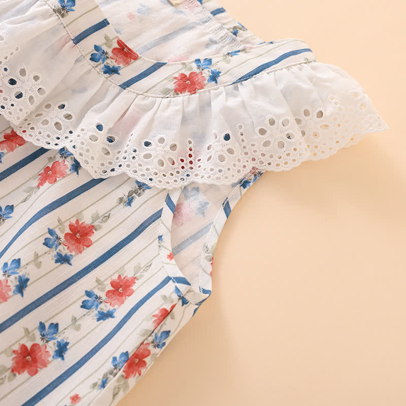 Chemise de nuit sans manches en gaze de coton à motif floral et rayé
