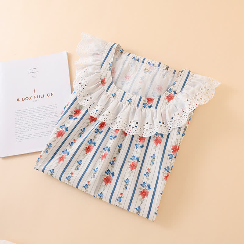 Chemise de nuit sans manches en gaze de coton à motif floral et rayé