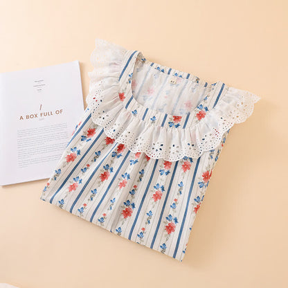 Chemise de nuit sans manches en gaze de coton à motif floral et rayé