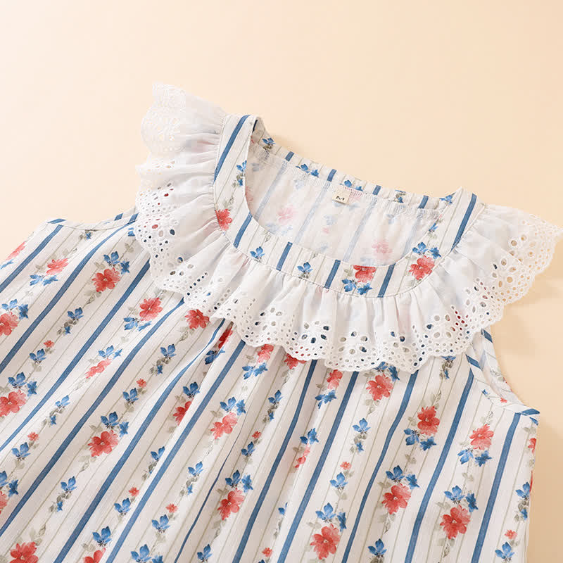 Chemise de nuit sans manches en gaze de coton à motif floral et rayé