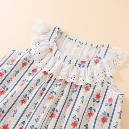 Chemise de nuit sans manches en gaze de coton à motif floral et rayé