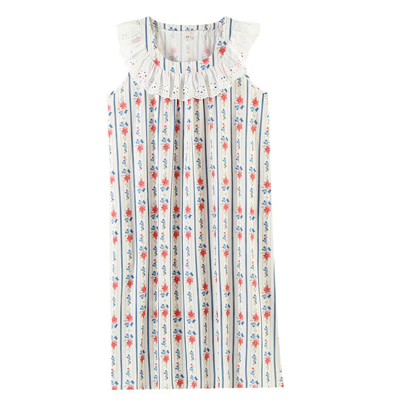 Chemise de nuit sans manches en gaze de coton à motif floral et rayé