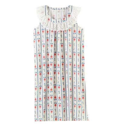 Chemise de nuit sans manches en gaze de coton à motif floral et rayé