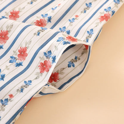 Chemise de nuit sans manches en gaze de coton à motif floral et rayé