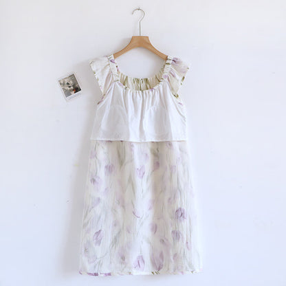Chemise de nuit en gaze de coton matelassée à imprimé tulipe