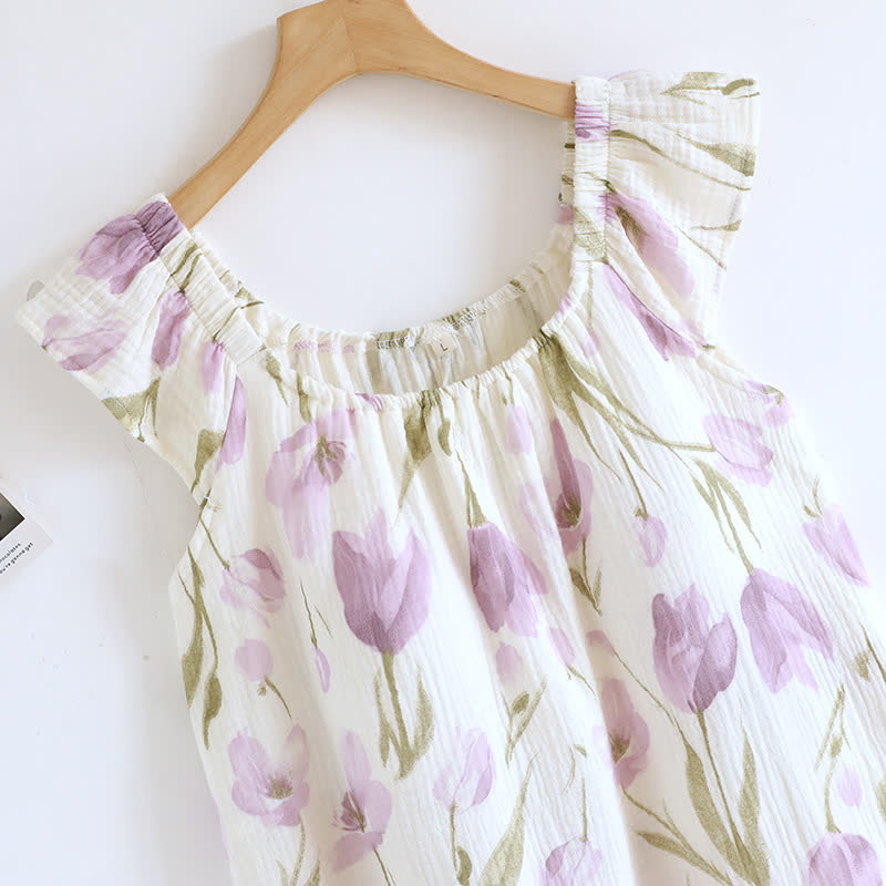 Chemise de nuit en gaze de coton matelassée à imprimé tulipe