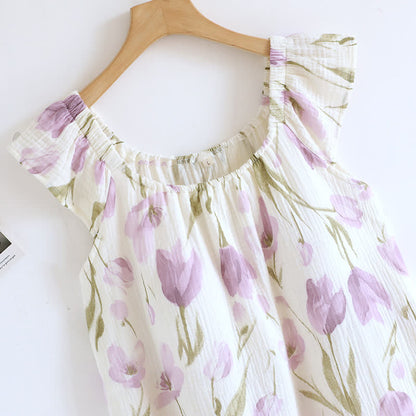 Chemise de nuit en gaze de coton matelassée à imprimé tulipe