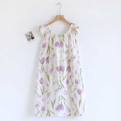 Chemise de nuit en gaze de coton matelassée à imprimé tulipe