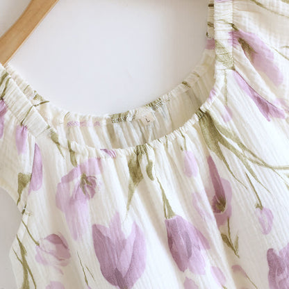Chemise de nuit en gaze de coton matelassée à imprimé tulipe