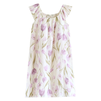 Chemise de nuit en gaze de coton matelassée à imprimé tulipe