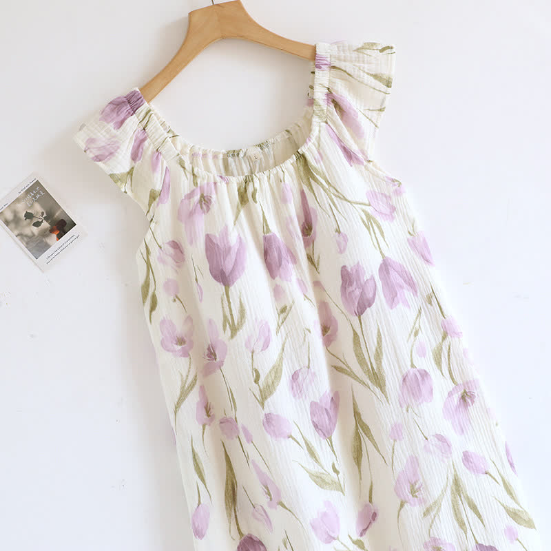 Chemise de nuit en gaze de coton matelassée à imprimé tulipe