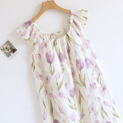 Chemise de nuit en gaze de coton matelassée à imprimé tulipe