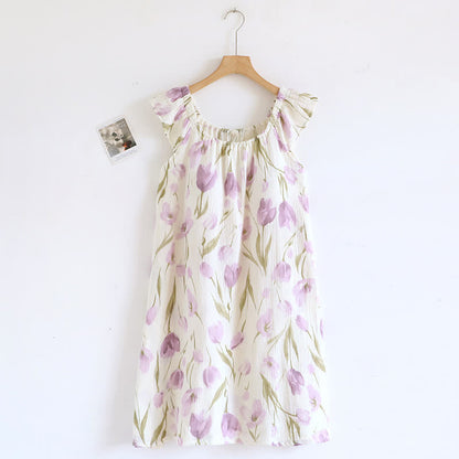 Chemise de nuit en gaze de coton matelassée à imprimé tulipe