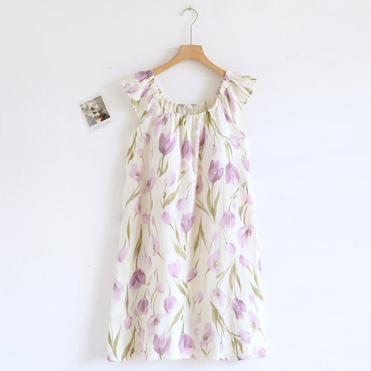 Chemise de nuit en gaze de coton matelassée à imprimé tulipe