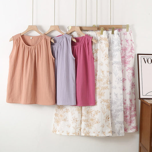 Ensemble de vêtements d'intérieur élégant en gaze de coton double épaisseur à motif floral