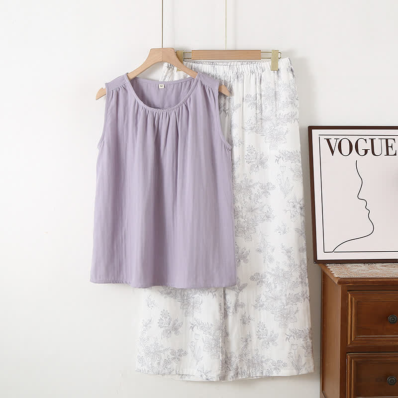 Ensemble de vêtements d'intérieur élégant en gaze de coton double épaisseur à motif floral