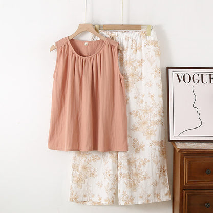 Ensemble de vêtements d'intérieur élégant en gaze de coton double épaisseur à motif floral