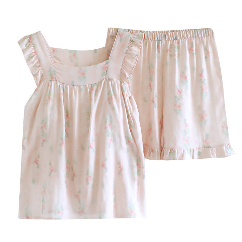 Ensemble de vêtements de détente rose avec caraco rembourré et volants