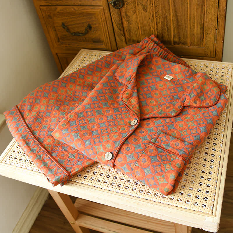Ensemble pyjama en gaze de coton orange à motif vintage