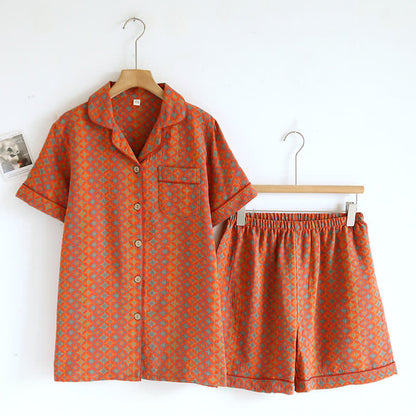 Ensemble pyjama en gaze de coton orange à motif vintage
