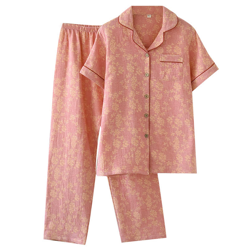 Ensemble pyjama à revers fleuris en jacquard de coton teint en fil